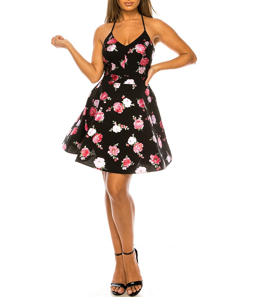 B. Darlin Spaghetti Strap V-Neck Floral A-Line Dress