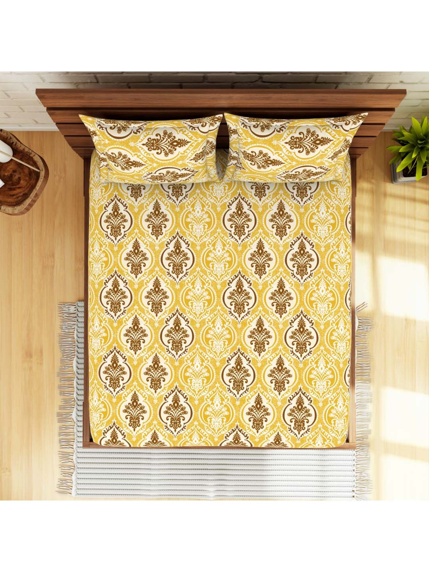 SWHF Yellow & Brown Cotton 108 TC Double Bedsheet Sets