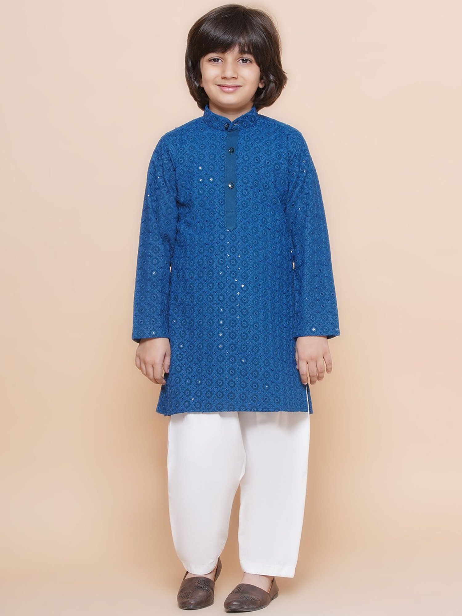 AJ Dezines Kids Navy & White Embellished Full Sleeves Kurta with Salwar