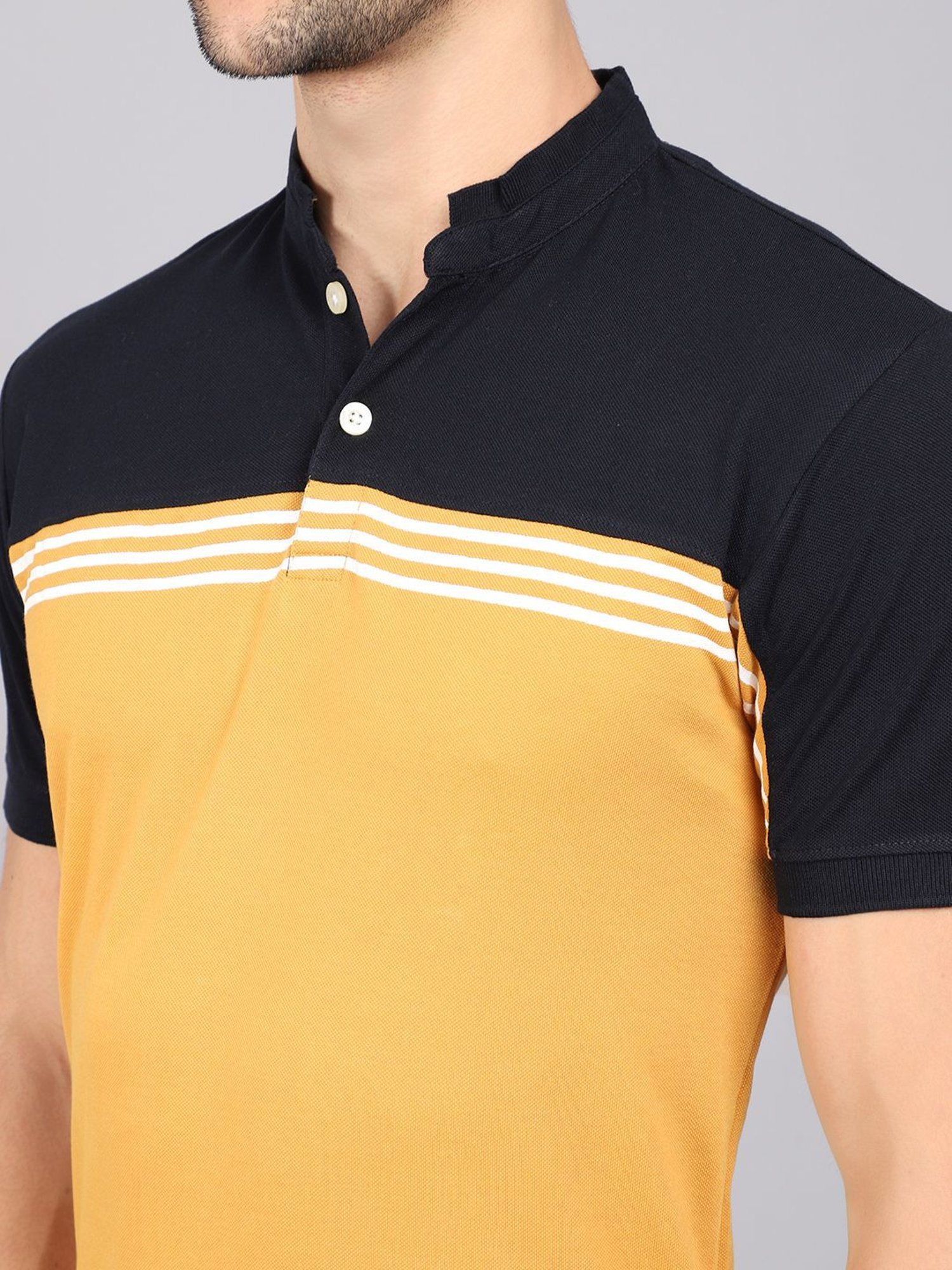 Cantabil Mustard Cotton Regular Fit Striped Polo T-Shirt