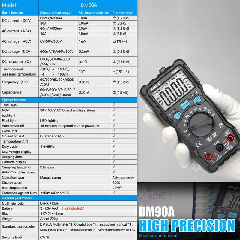 MESTEK DM90A 6000 Counts Auto-range True RMS LCD Digital Multimeter DC/AC Voltage/Current Meter Capacitance Resistance Tester Voltmeter Ammeter NCV Tester
