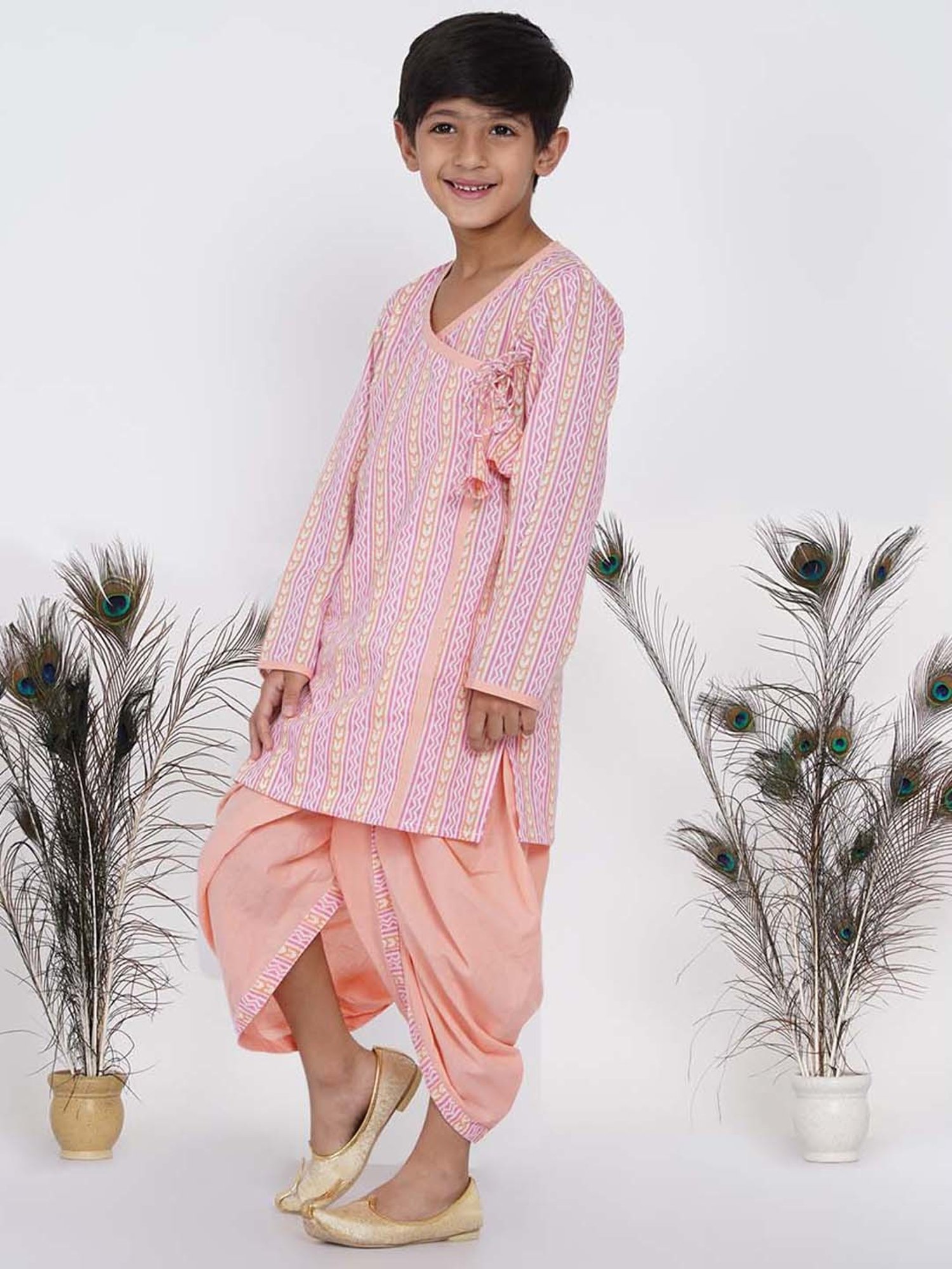 Little Bansi Kids Pink & Orange Cotton Printed Kurta Set