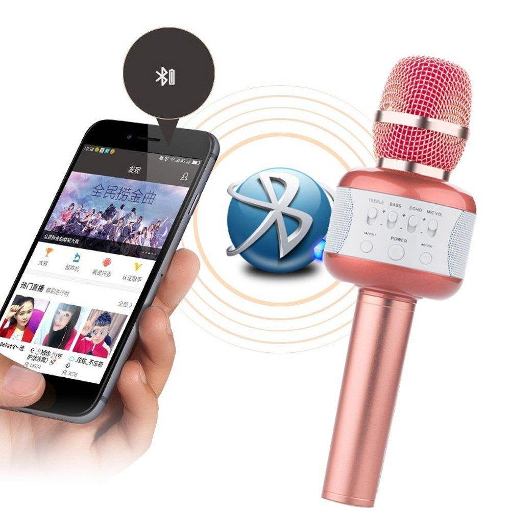 EIGIIS Wireless Bluetooth Karaoke Microphone Portable Hand Microphone Speaker for Smartphone PC (Pink)