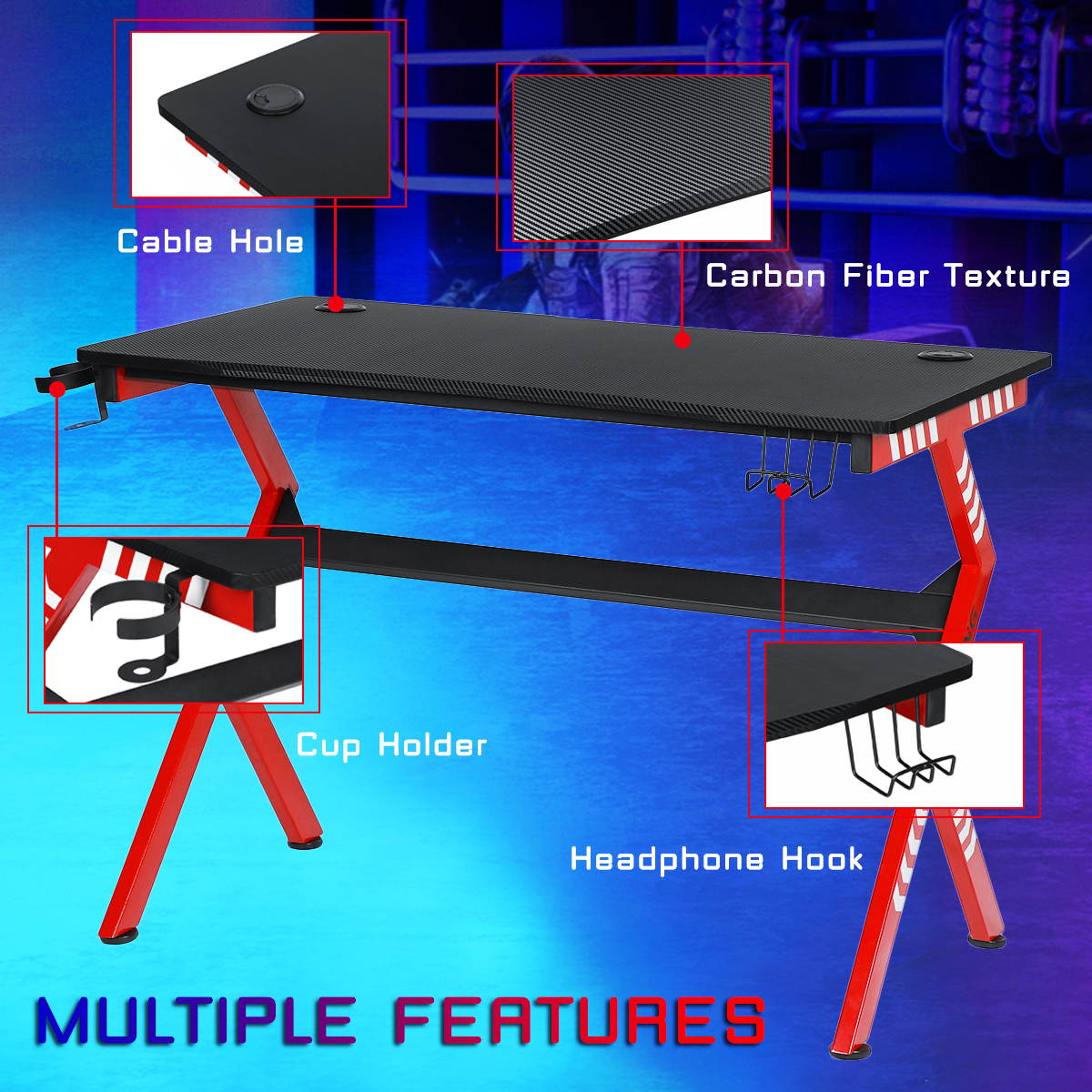 43" Computer Gaming Desk Carbon Fiber Surface with Headset & Cup Holder PC Table