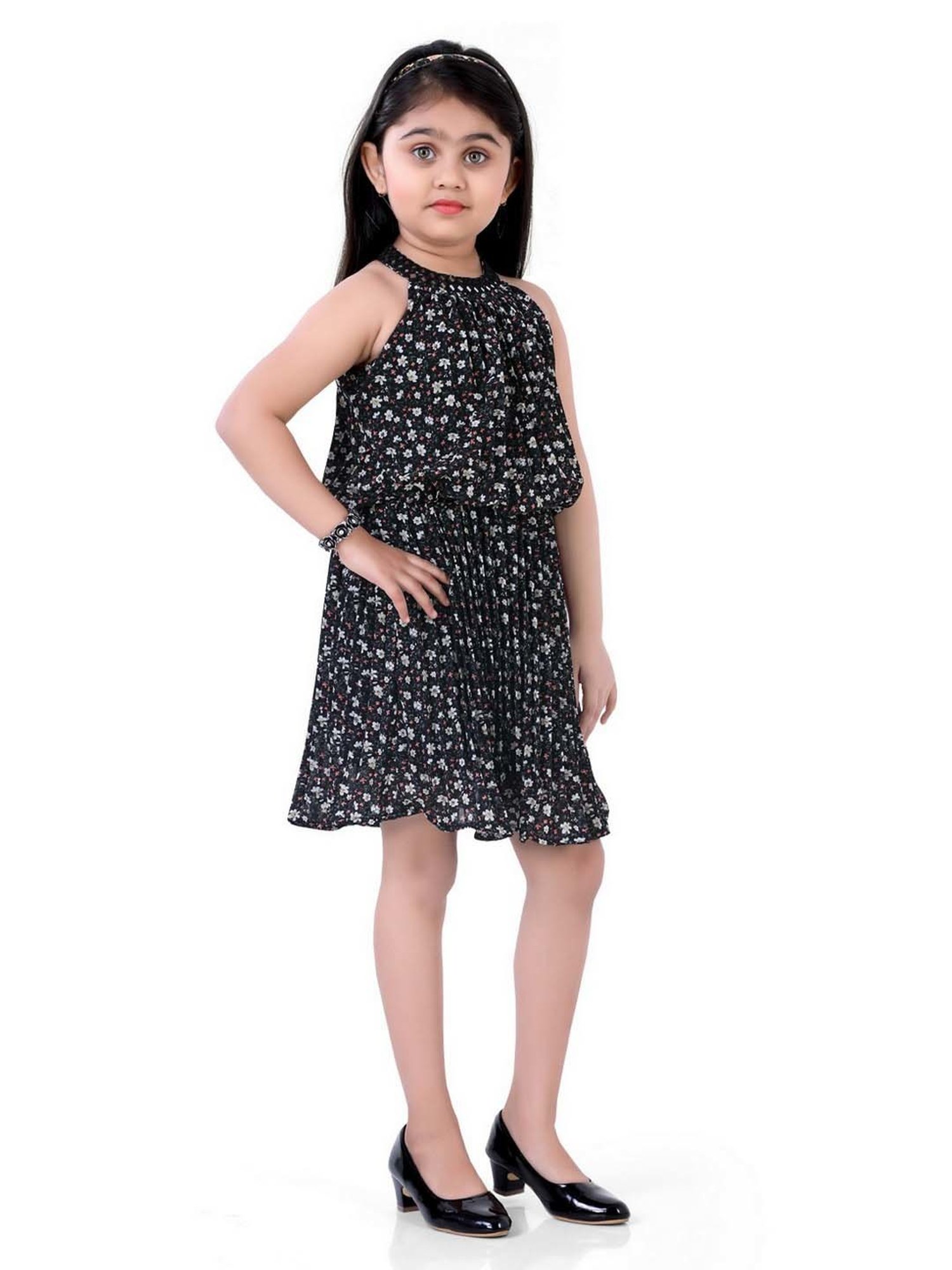 poplins Kids Black Cotton Floral Print Dress