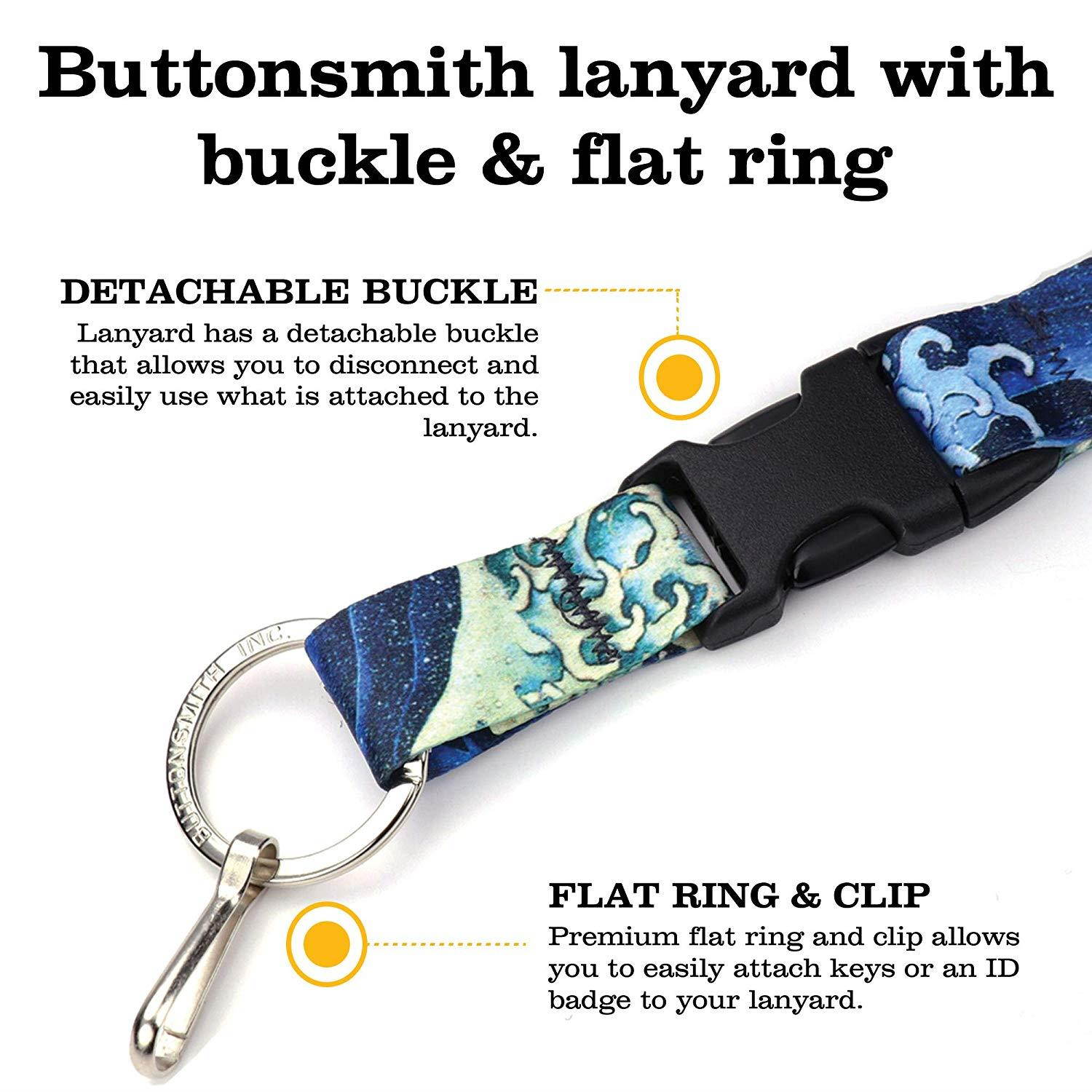 Buttonsmith Hokusai Waves Premium Lanyard with Buckle and Flat Ring - Made in The USA