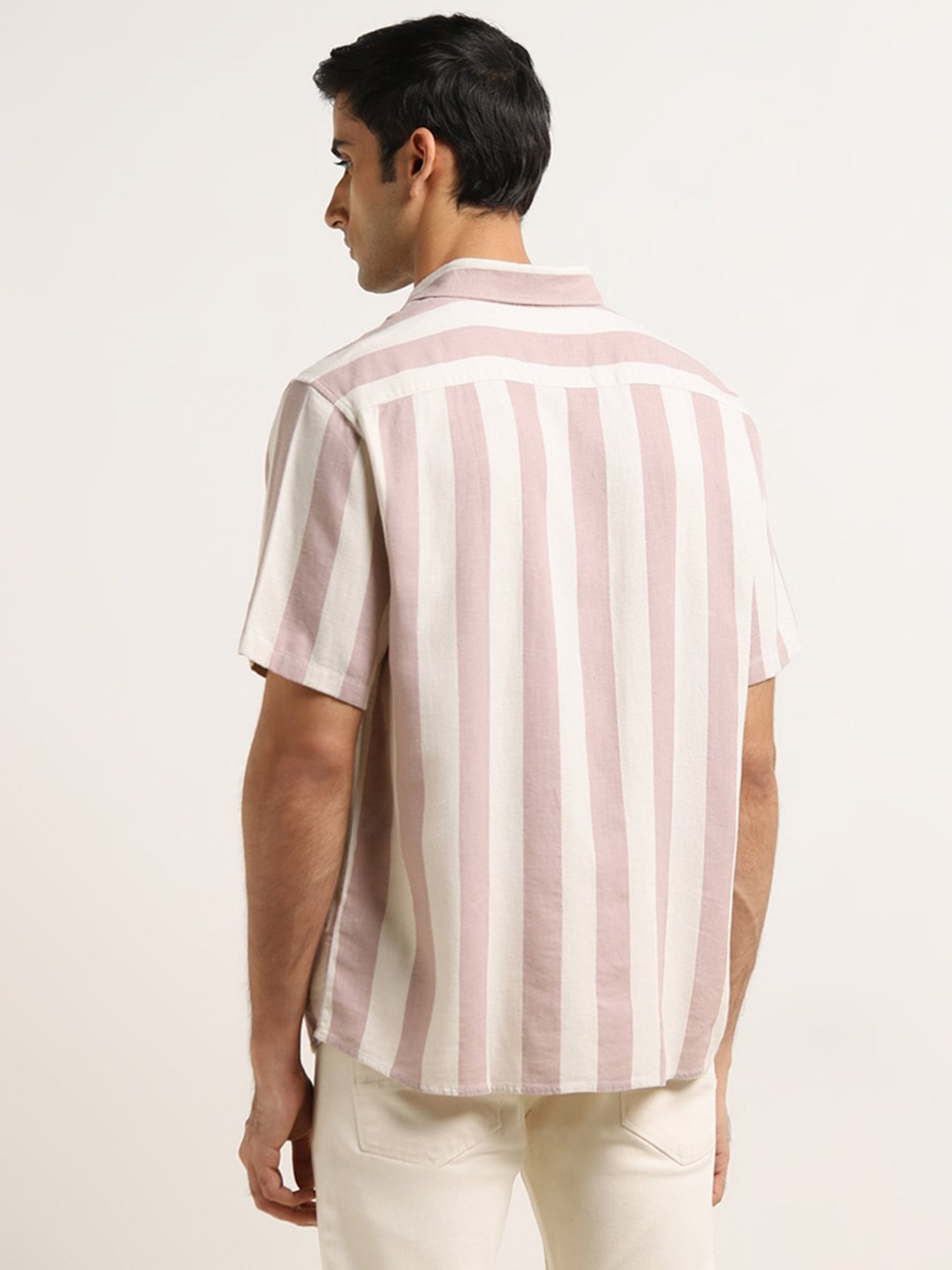 Ascot by Westside Dusty Pink Striped Relaxed-Fit Blended Linen Shirt