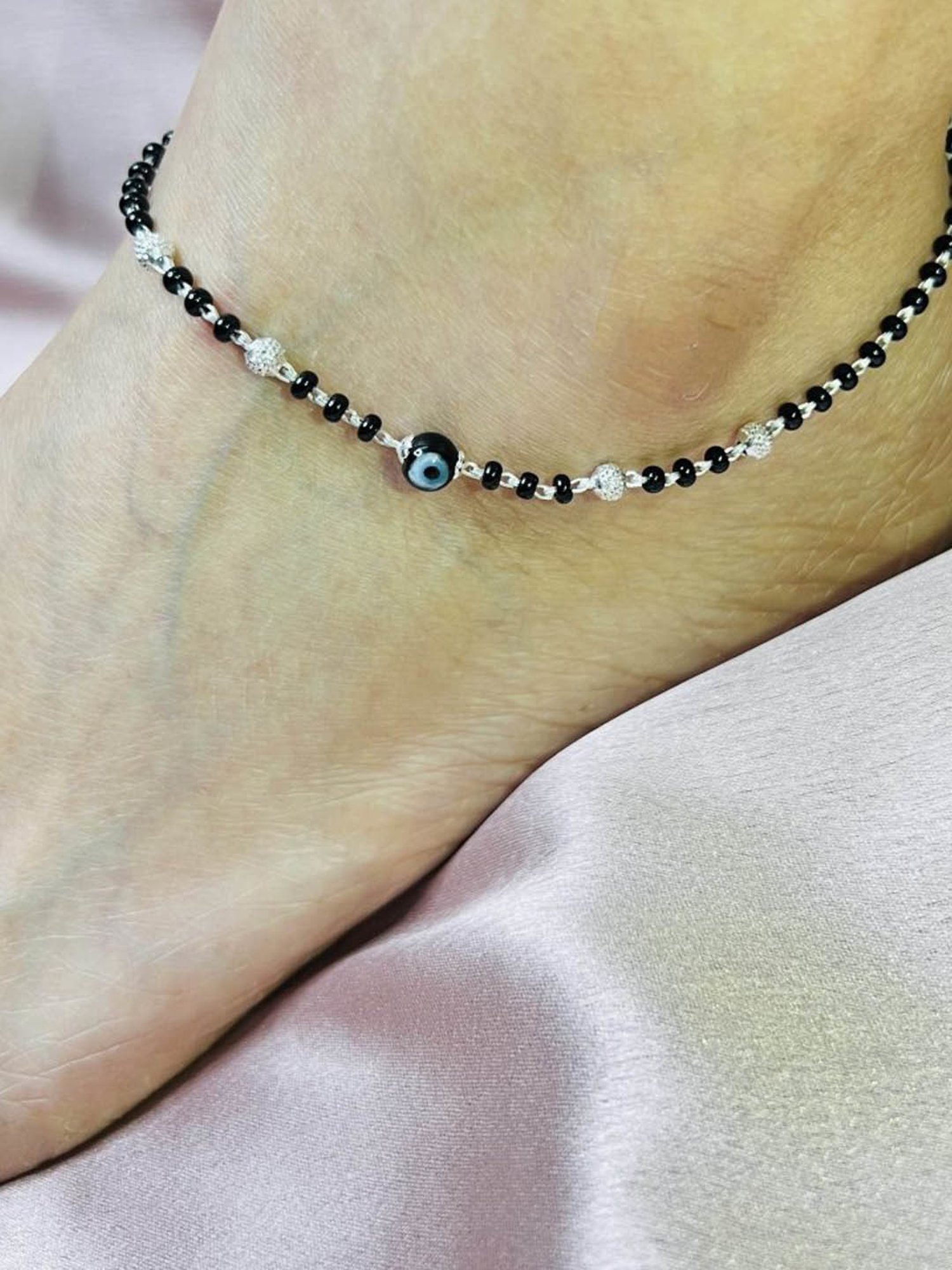 Arte Jewels 925 Sterling Silver Black Beads Evil Eye Anklet for Women & Girls (Single Anklet)