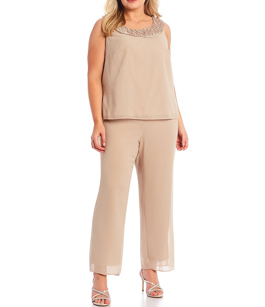 Le Bos Plus Scoop Neck 3/4 Sleeve Textured 3-Piece Pant Set