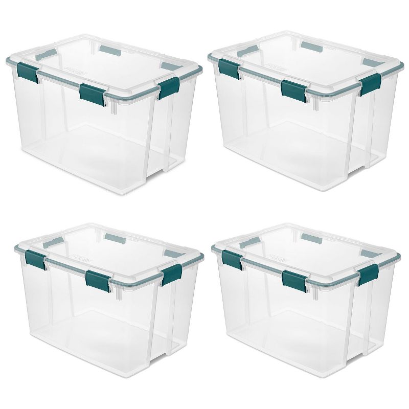 Sterilite 80 Quart Home Organization Kitchen Clear Plastic Gasket Box Storage Container Tote Bin with  Latched Lid, Clear/Teal Rain Green (4 Pack)