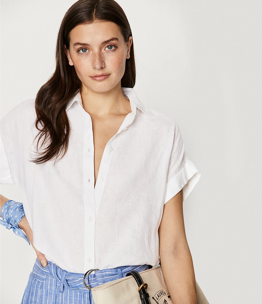 Lauren Ralph Lauren Linen Point Collar Neck Dolman Short Cap Sleeve Shirt