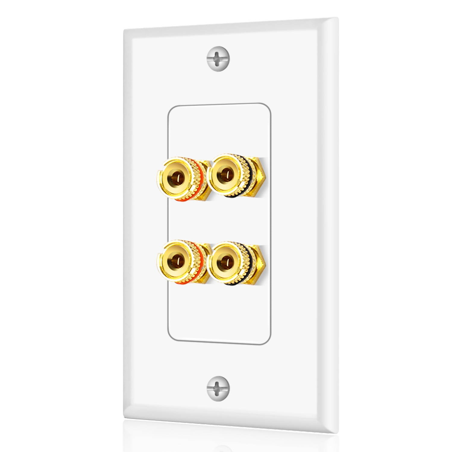 Home Theater Speaker Wall Plate Outlet - 2 Speaker Sound Audio Distribution Panel Gold Plated Copper Banana Plug Binding Post Connector Insert Jack Coupler (2 Pair, Single Gang, White)