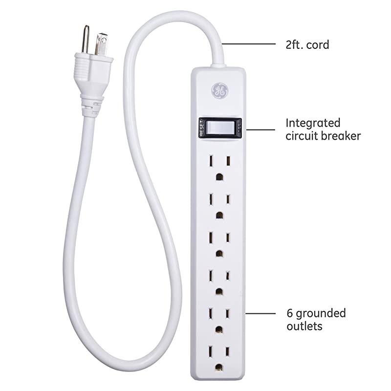 Strip with 6 Outlets 2 ft Cord Power Switch Integrated Circuit Breaker Overload Protection 15A 1800W UL Listed White 14830