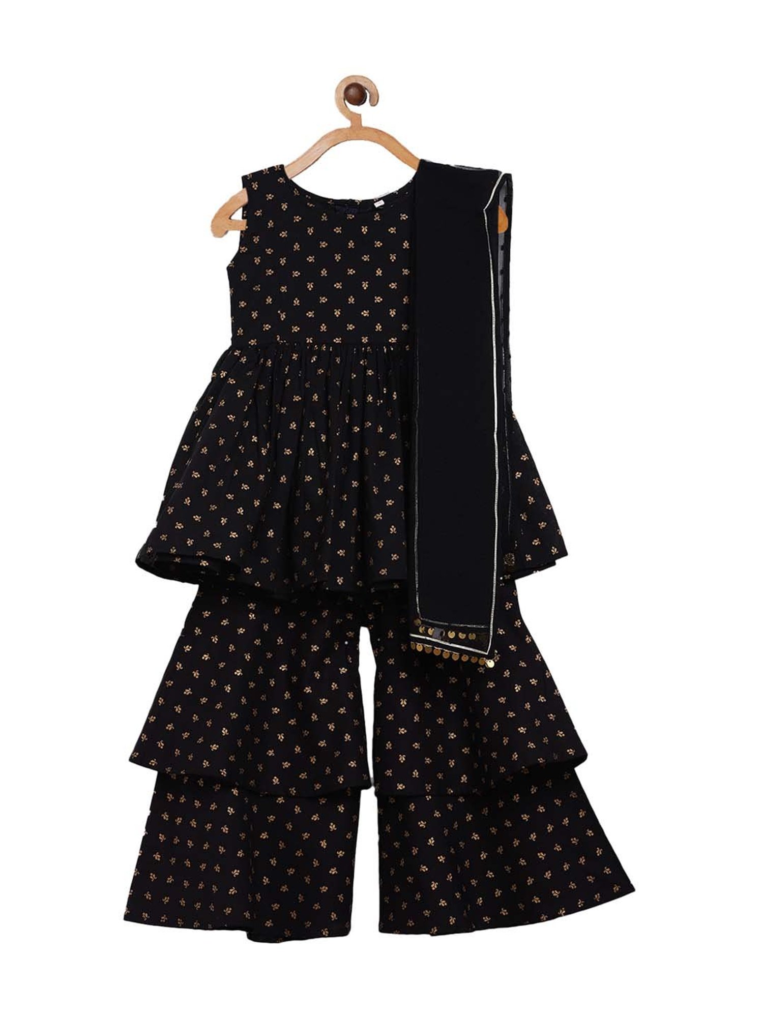 Ahalyaa Kids Black Cotton Printed Kurta & Dupatta With Sharara