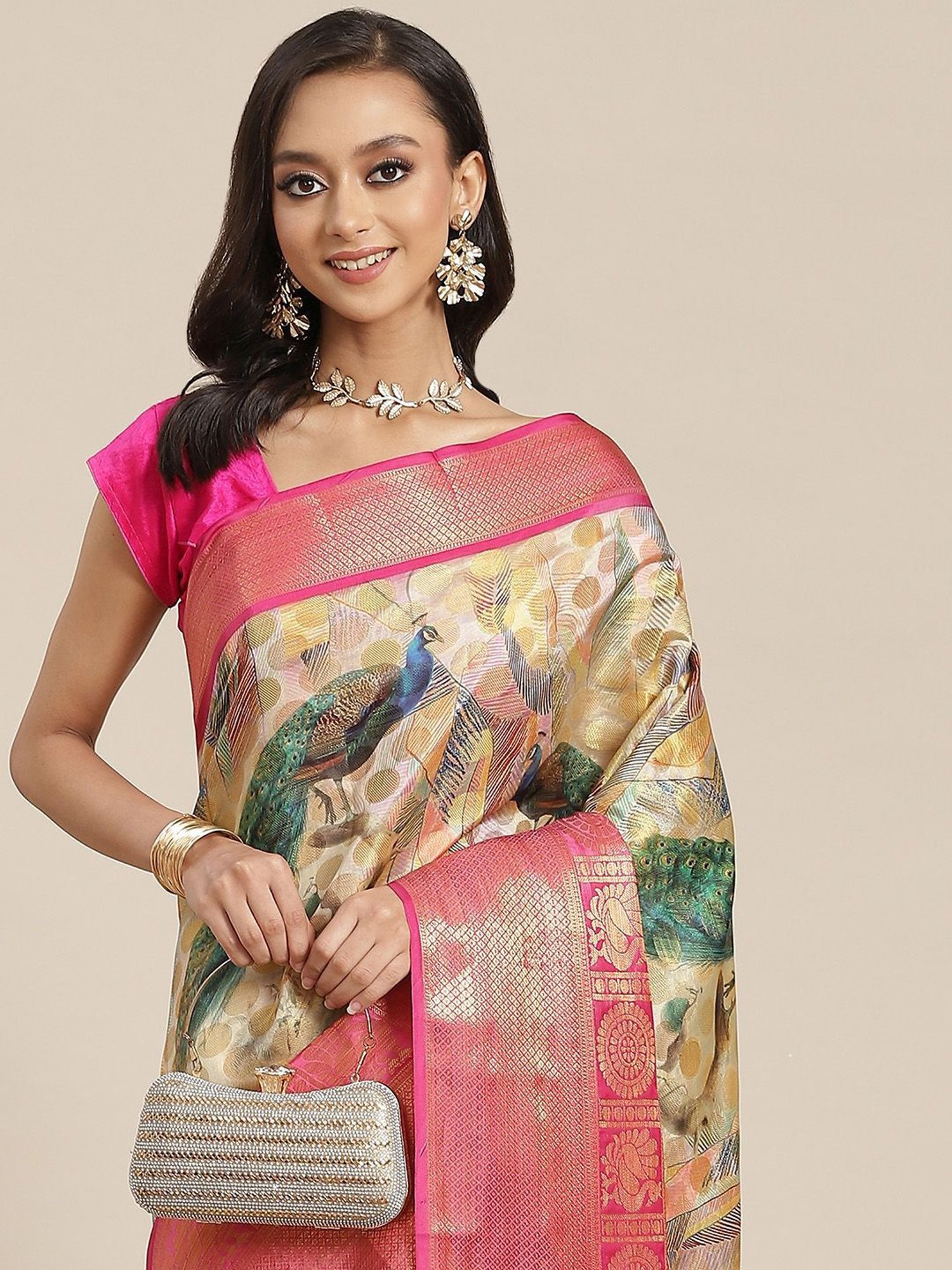 Silk Land Silk Peach & Pink Printed Saree With Unstitched Blouse