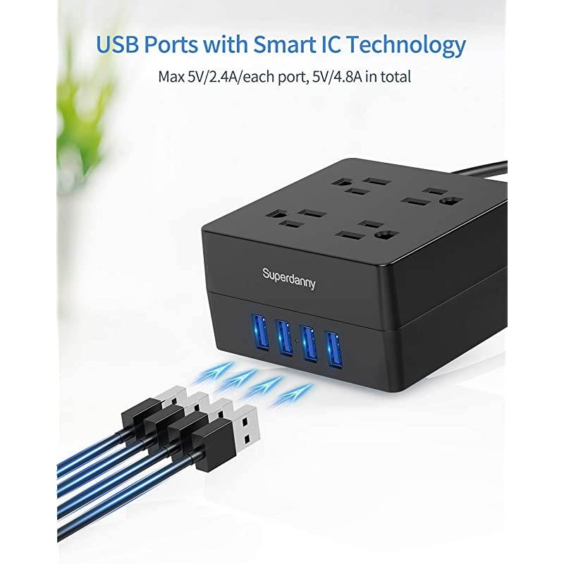 USB Power Strip Surge Protector  Mountable Charging Station with 4 Widely Spaced AC Outlets 4 Smart USB Ports 5ft Desktop Extension Cord for Home Office Hotel Dorm RV Deep Green