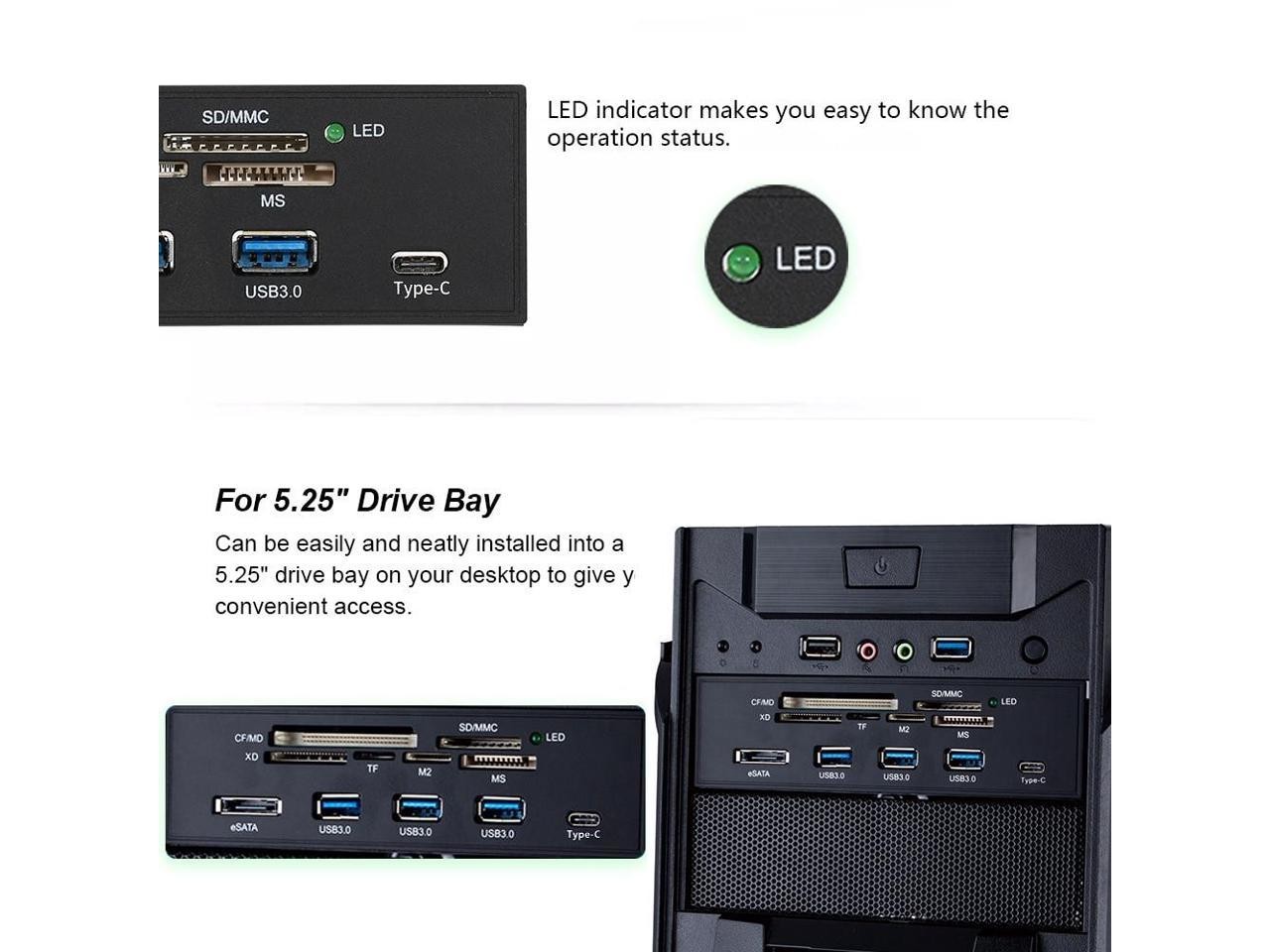 Plugadget 5.25" Internal Card Reader Media Multi-Function Dashboard PC Front Panel Type-C USB 3.1 USB 3.0 Support CF XD MS M2 TF SD card reader smart