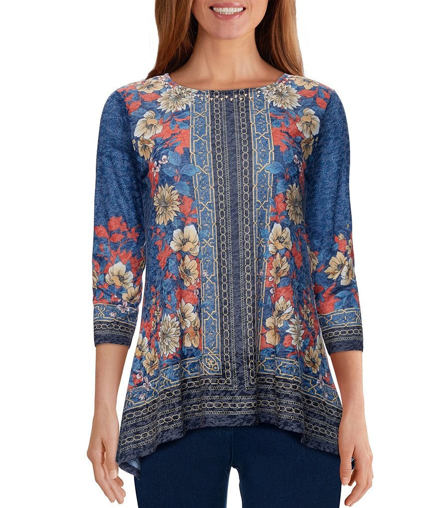 Ruby Rd. Embellished Burnout Sublimation Floral Scarf Placement Print 3/4 Sleeve Round Neck Handkerchief Hem Top