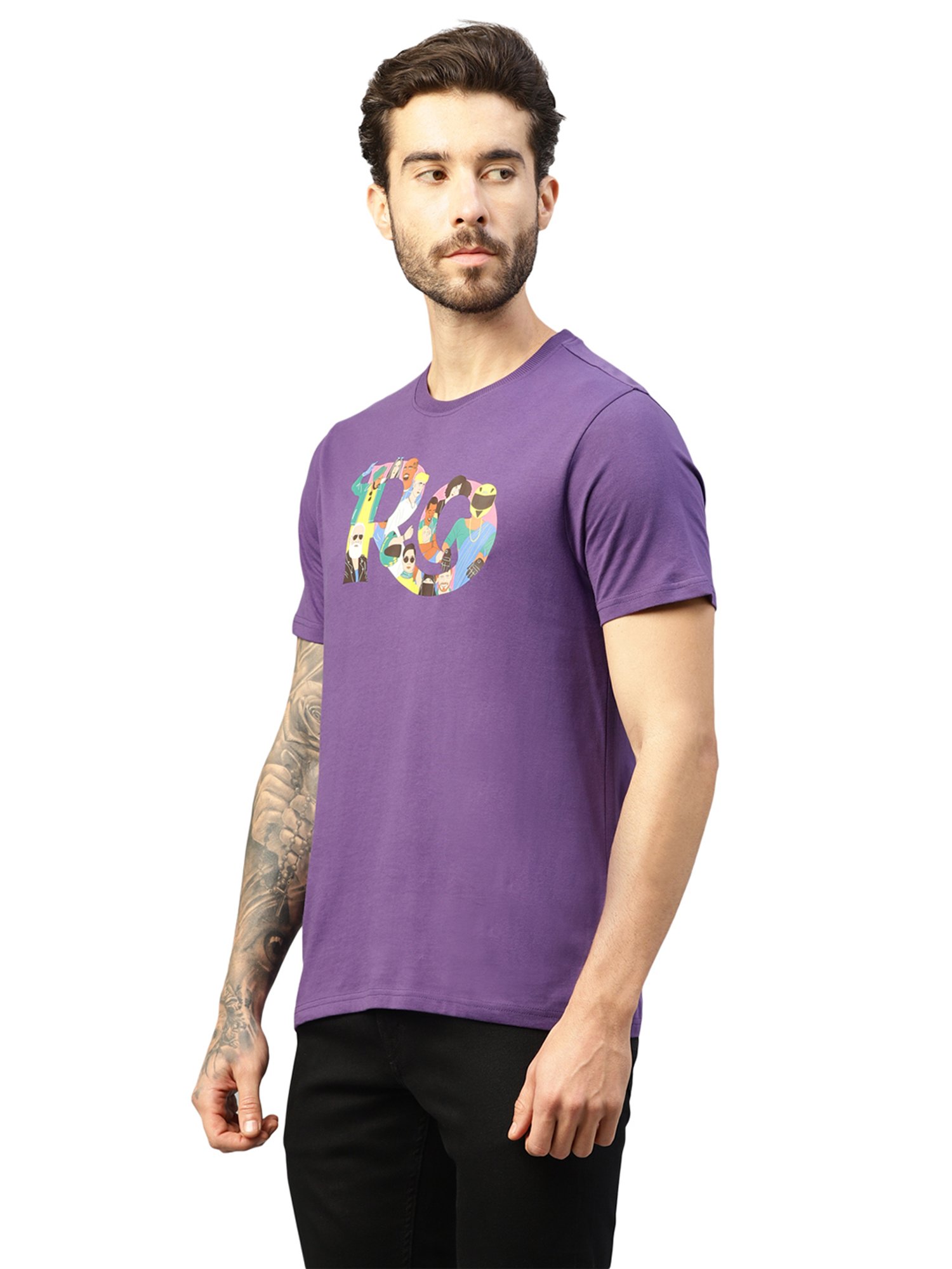 Royal Enfield GLOBAL RIDERS Purple Regular Fit Printed Crew T-Shirt