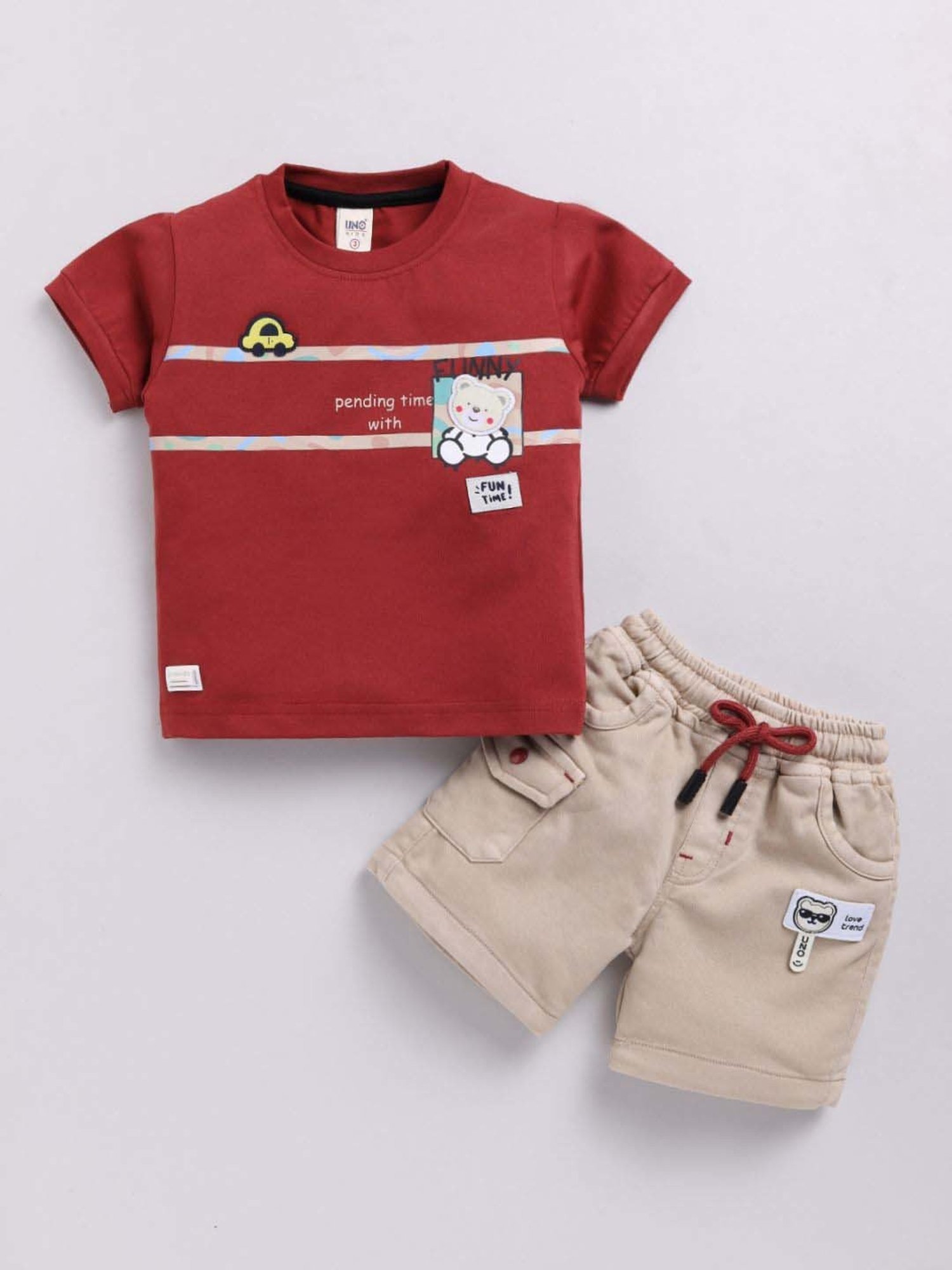 UNO KIDS Boys Brown & Beige Printed Top & Short sets
