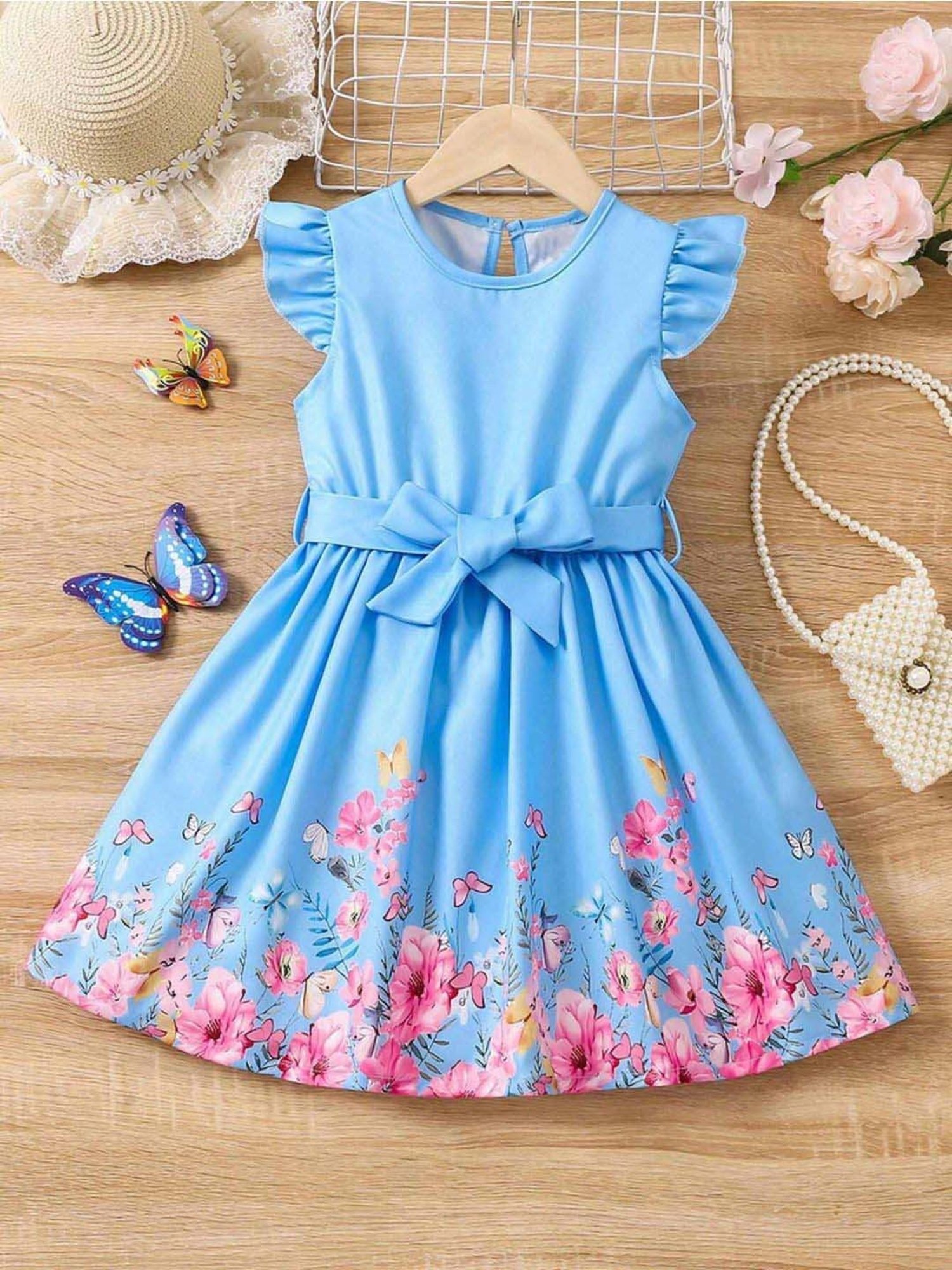 Bolly Lounge Girls Sky Blue & Pink Floral Dress