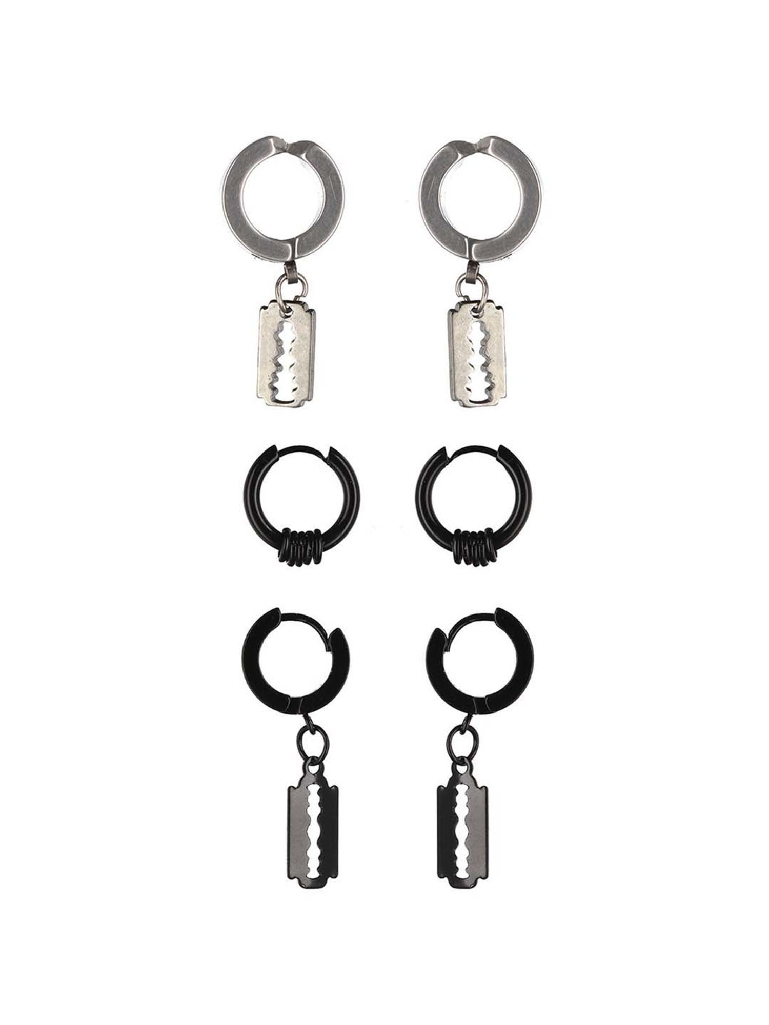 Bold by Priyaasi Black & Silver Blade Ring Hoop Earrings for Men - Set of 3
