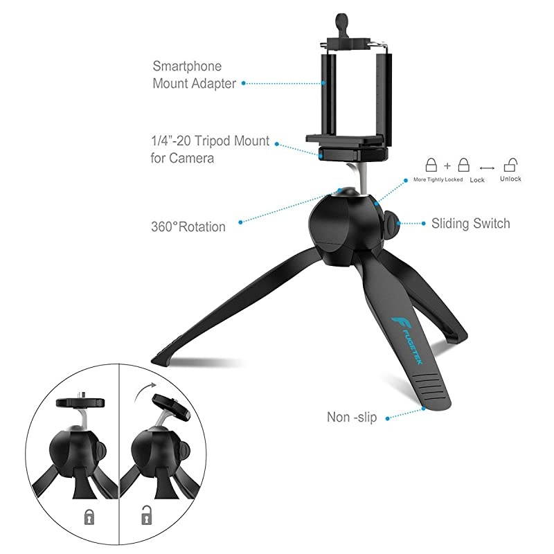 Mini Tripod Table Top Stand and Phone Mount Compact Travel Ready Use with FaceTime Video Calls Compatible with Gopro Smartphones iPhone Samsung Compact Cameras DSLRs Selfie Stick