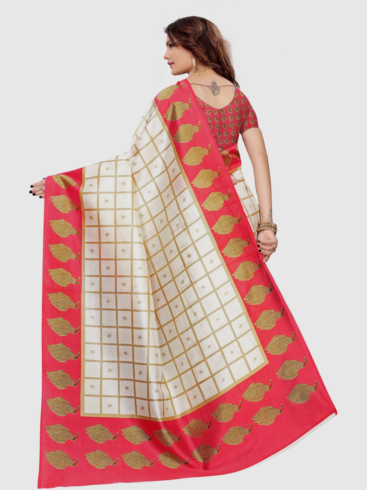 KSUT Off-White & Red Printed Saree With Blouse
