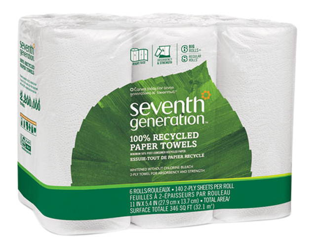 Seventh Generation 13731 100% Recycled Paper Towel Rolls Right Size Sheets, 140 Sheets/Roll, White, 6/Pk