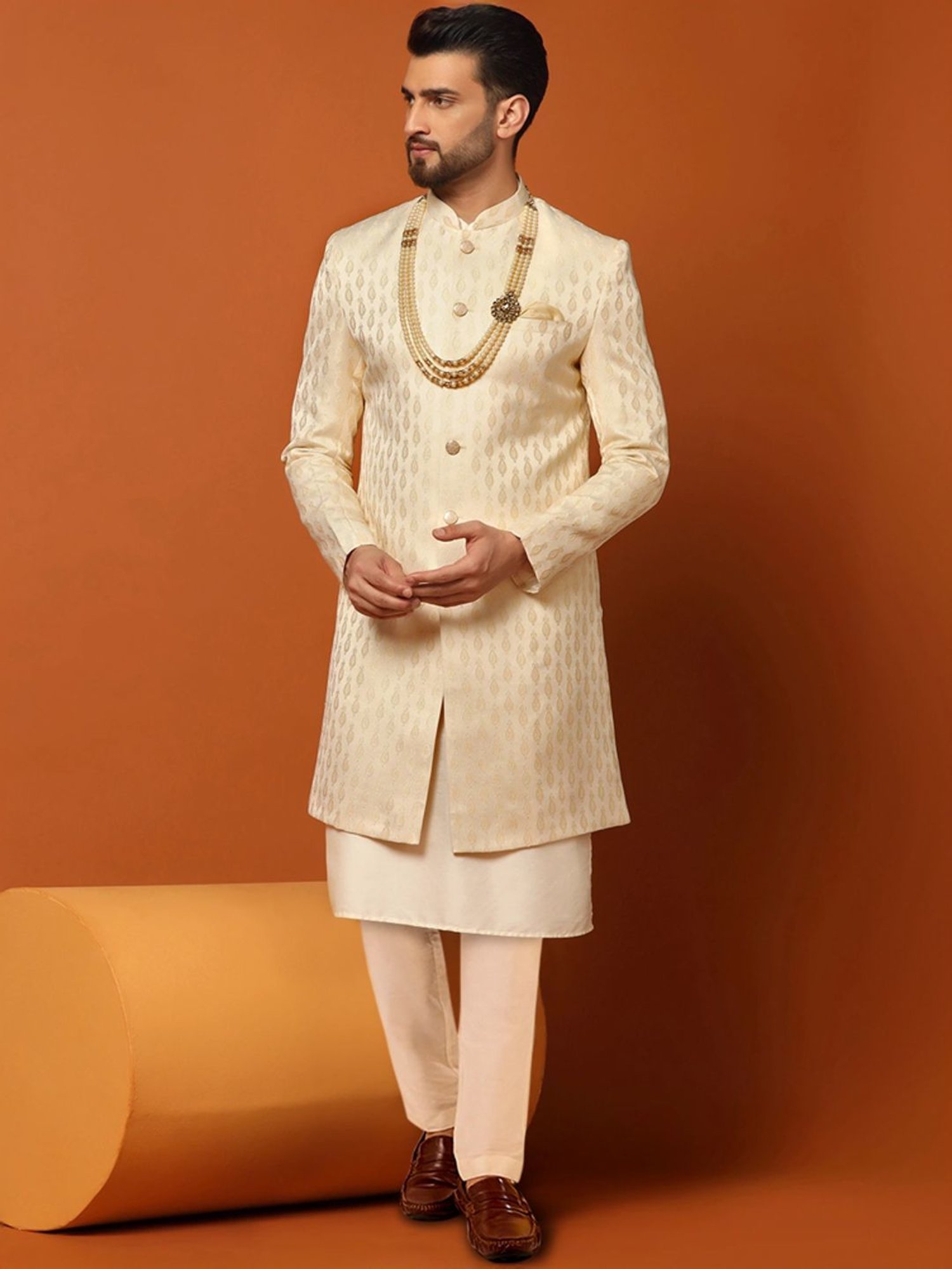 Kisah Beige Regular Fit Jacquard Sherwani Set
