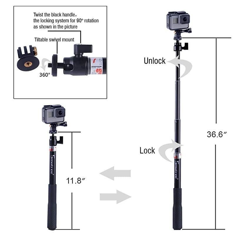 Extendable Aluminum Selfie StickMonopod Compatible for GoPro MaxHero 876543+GOPRO Hero2018AKASO GeekPro SJCAM SJ4000 SJ5000 Xiaomi Yi Camera Action Camera