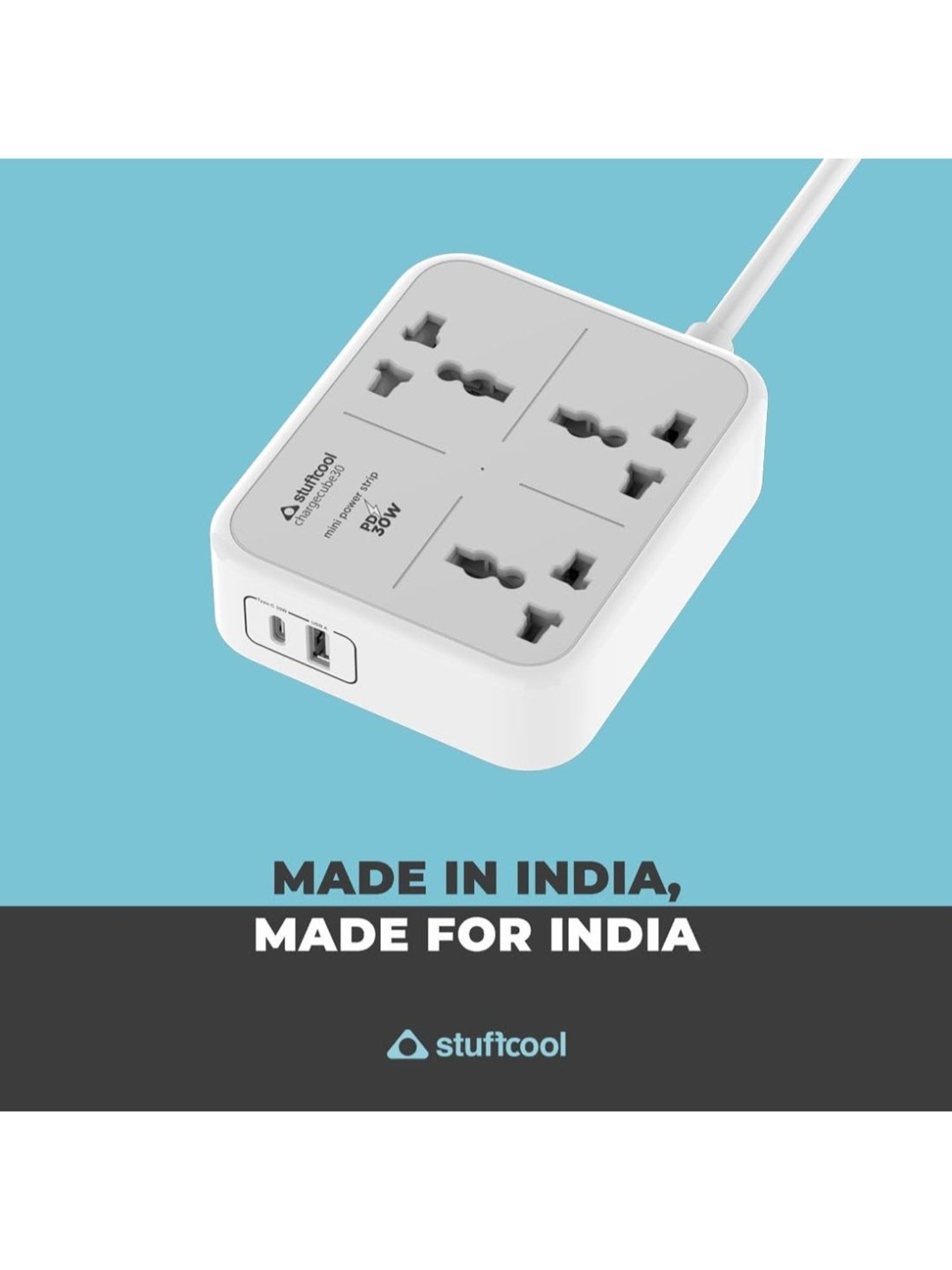Stuffcool ChargeCube 30 Mini Surge Protector with 3 AC Ports and 30W Dual Port Type C (White)