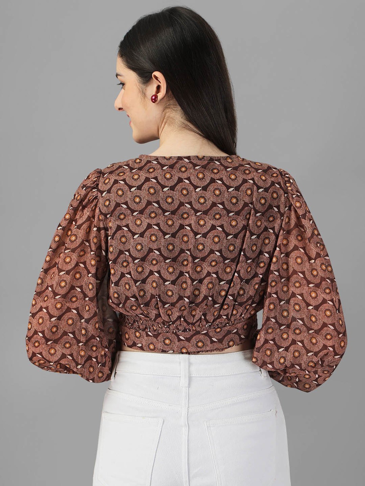 MASAKALI.CO Coffee Brown Floral Print Crop Top
