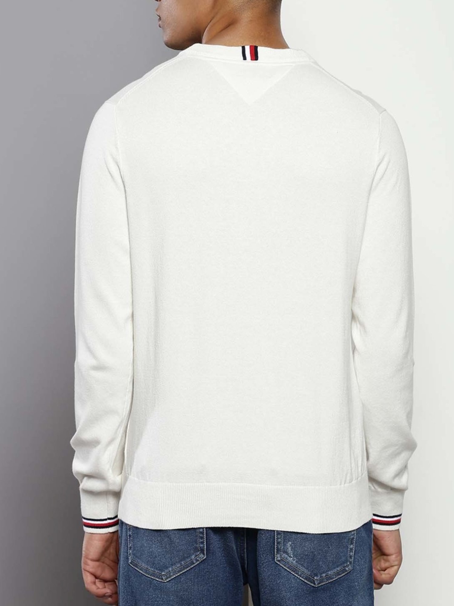 Tommy Hilfiger White Suede Cotton Regular Fit Embroidered Sweater