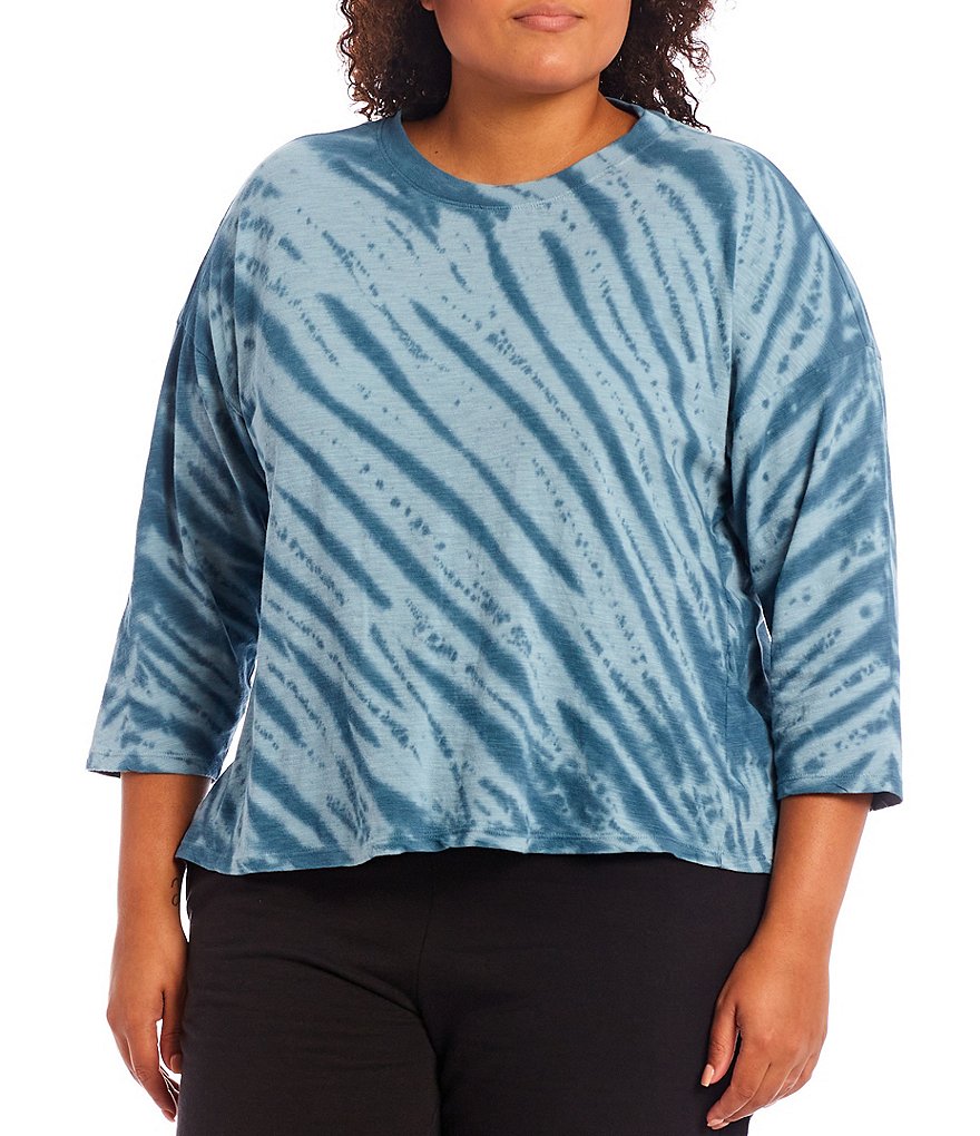 Kinesis Plus Size 3/4 Sleeve Crew Neck Slub Knit Jersey Tie Dye Tee