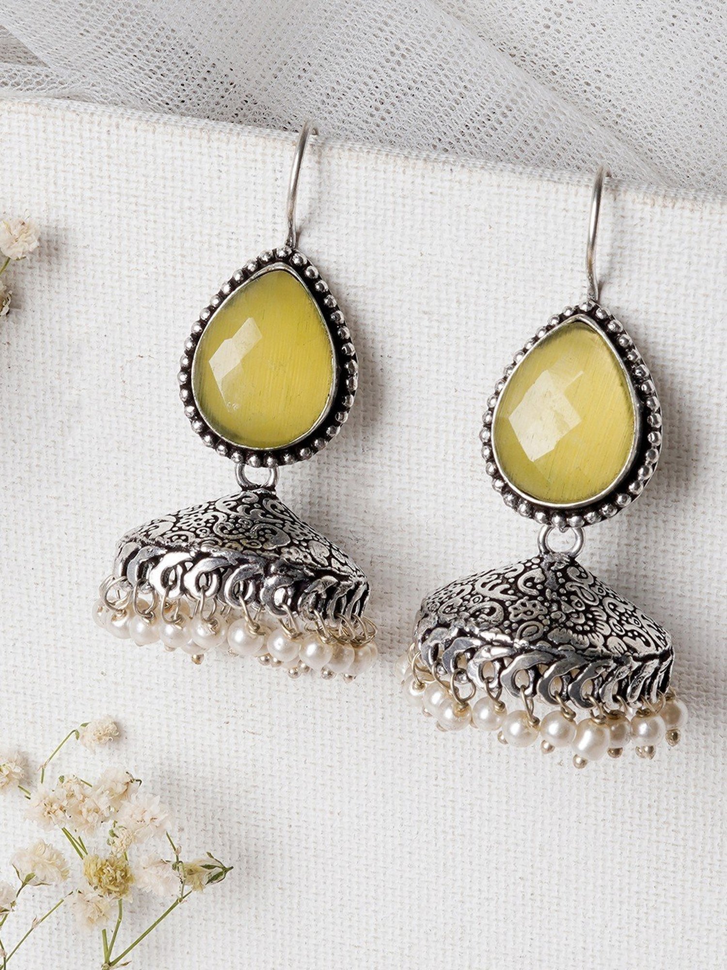 Teejh Ethnic Sahasra Yellow Stone Silver Oxidized Jhumki Earrings