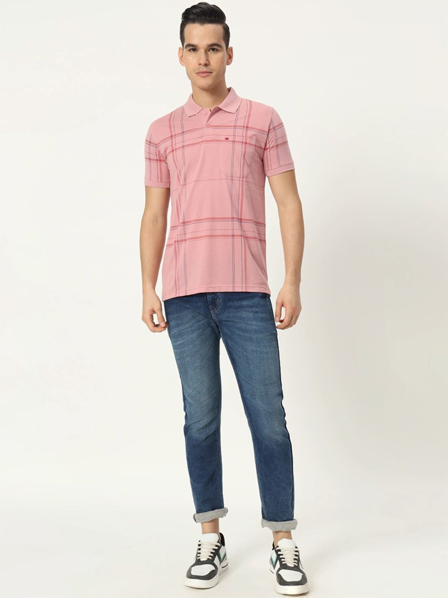 Tab91 Pink Regular Fit Checks Polo T-Shirts