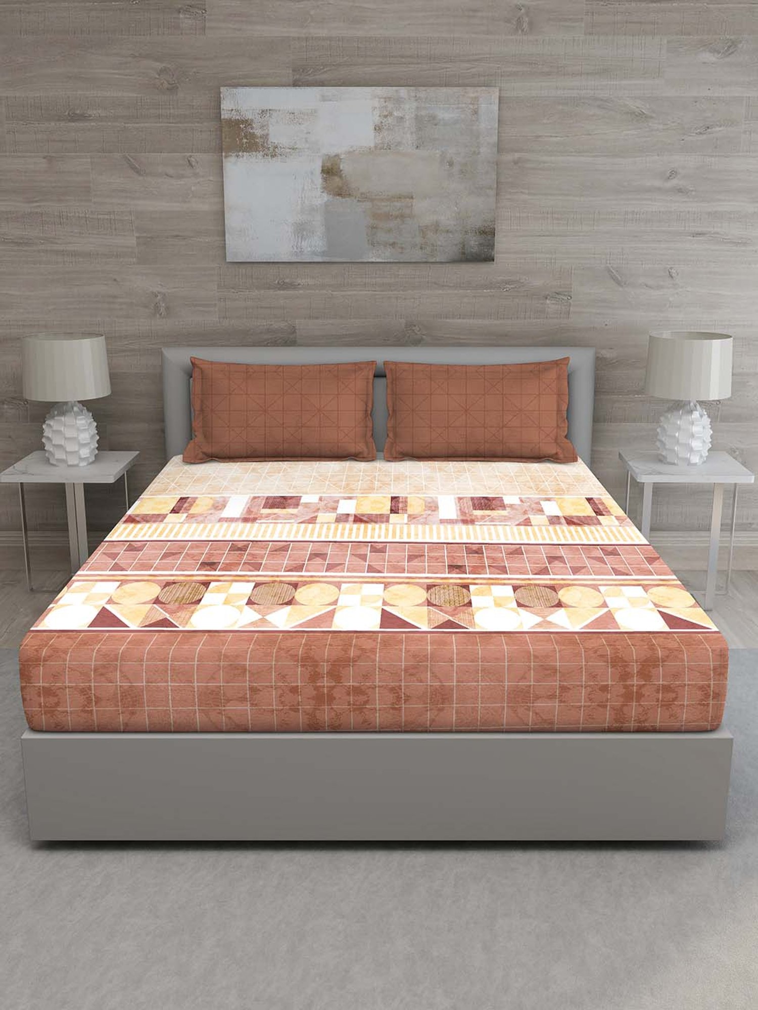 GM Brown & Beige 100% Cotton 150 TC Queen Bedsheet Set