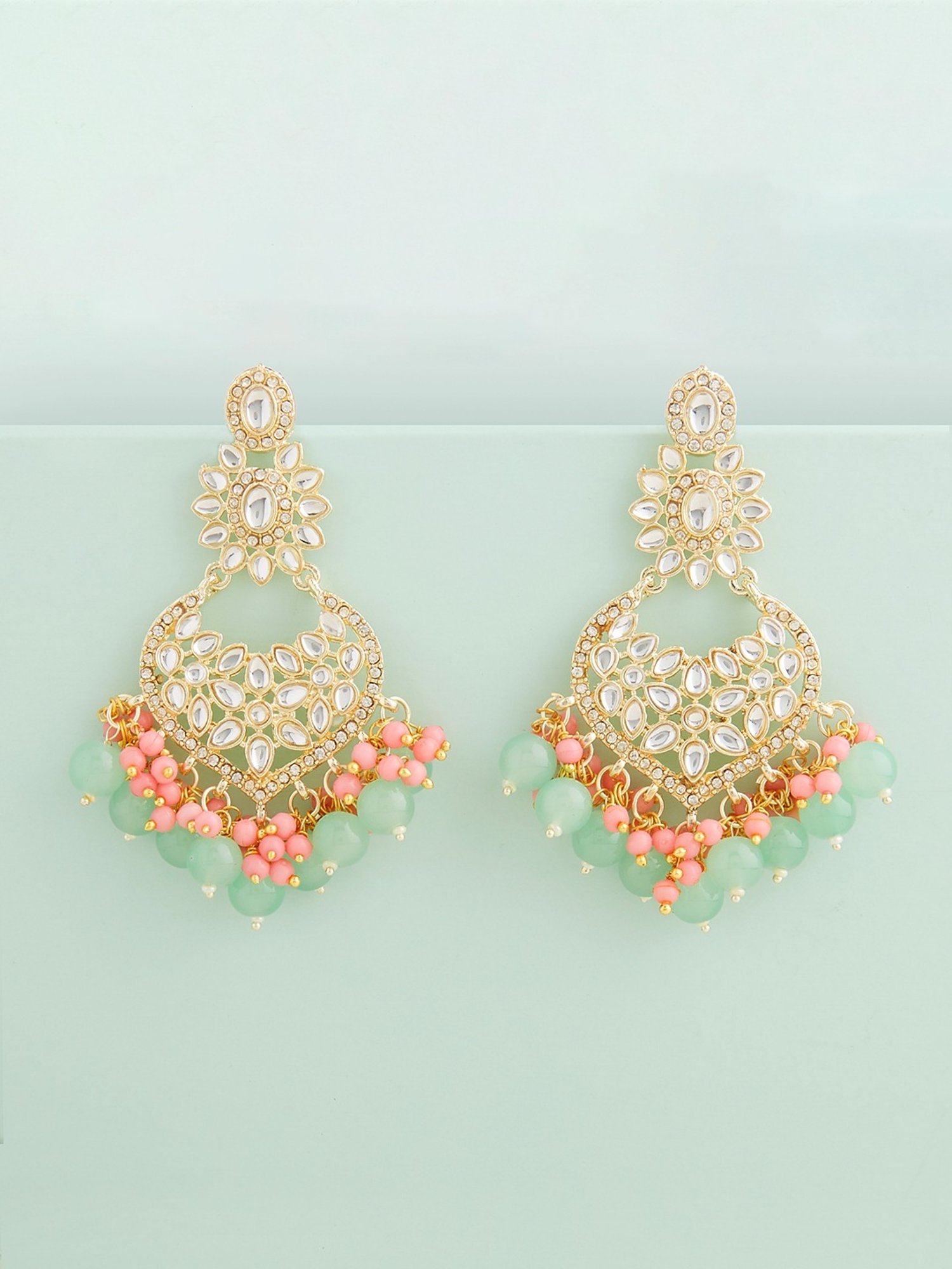 Zaveri Pearls Green & Pink Cluster Beads Kundan Ethnic Drop Earrings-ZPFK13547