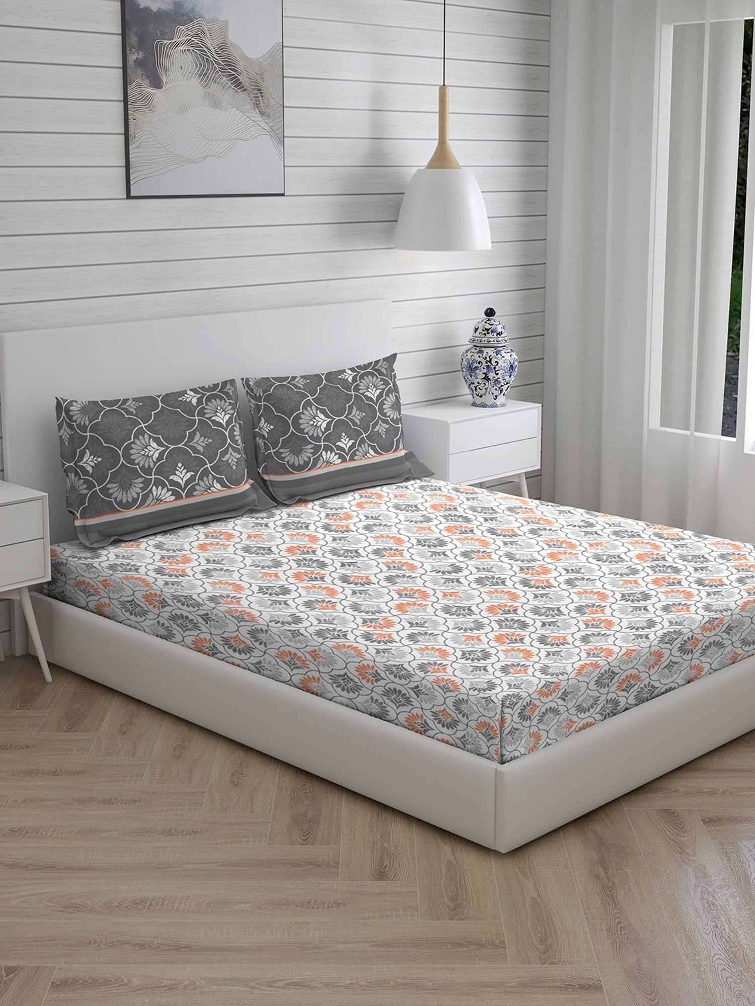 Layers Siena Printed Grey 225 TC Cotton Double Bed Sheet with 2 Pillow Covers