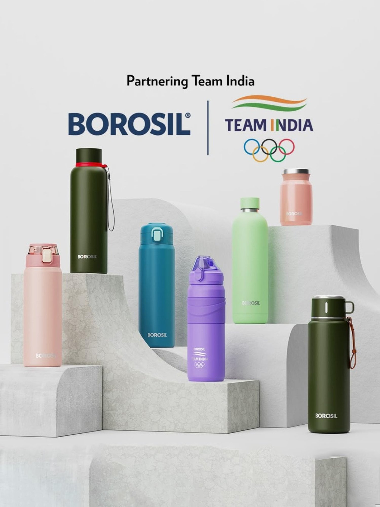 Borosil Water Bottle with Leak-Proof Set of 4 (Silver, 950 ml)