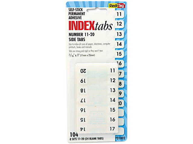 Redi-Tag 31002 Side-Mount Self-Stick Plastic Index Tabs Nos 11-20, 1in, White, 104/Pack