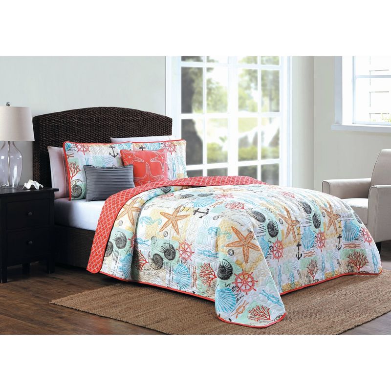 Geneva Home Fashion Queen 5pc Heritage Bay Belize Coastal Quilt & Sham Set Coral
