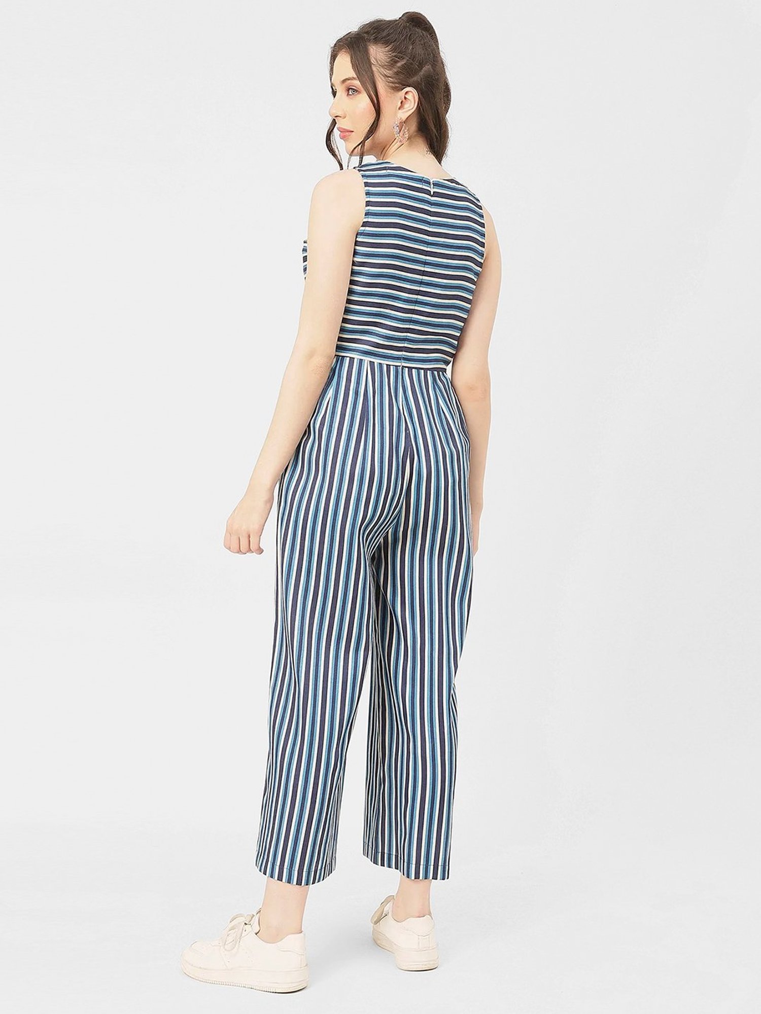 Moomaya Blue Cotton Blend Striped Jumpsuit