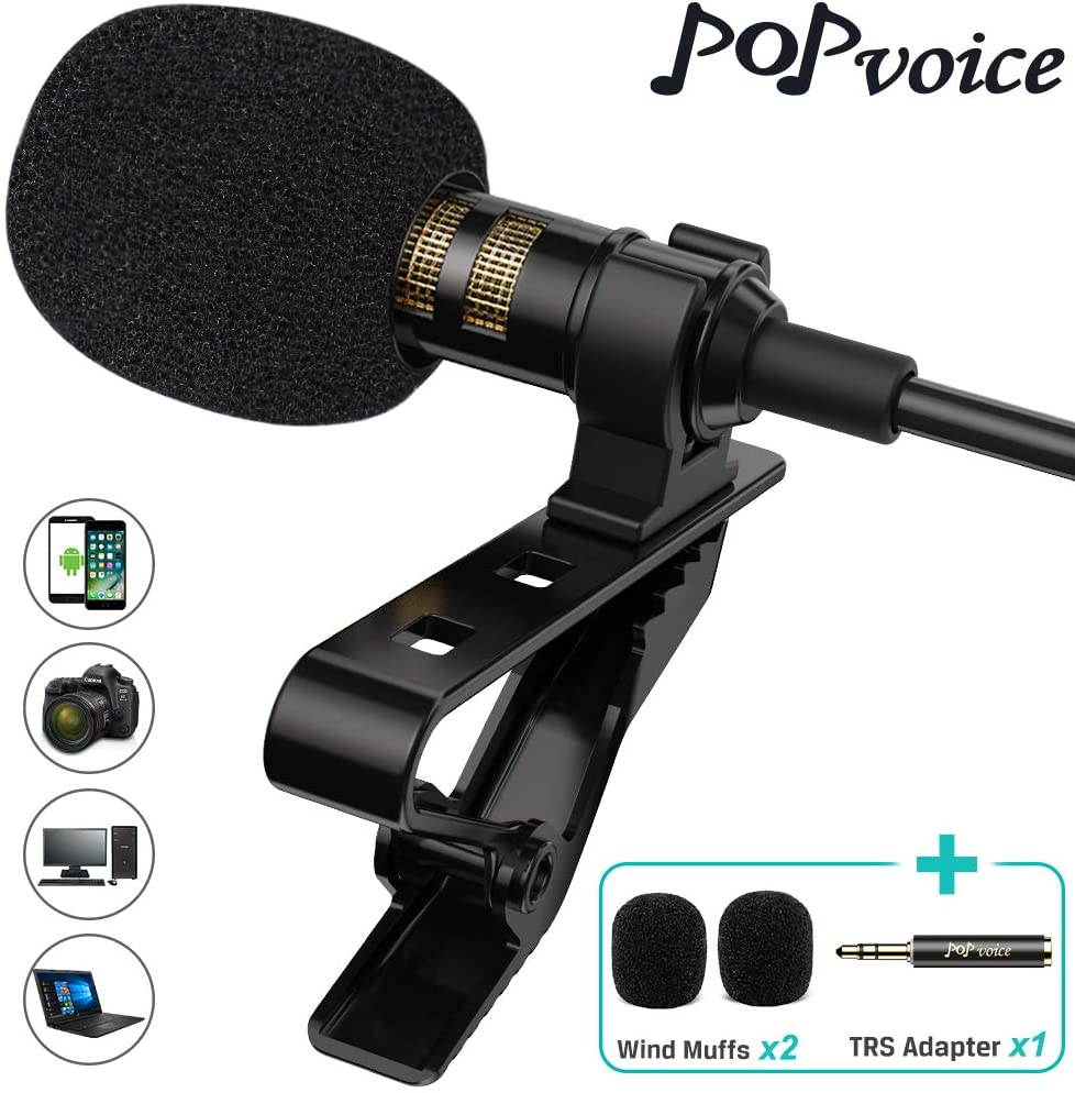 PoP voice Professional Lavalier Lapel Microphone Omnidirectional Condenser Mic for iPhone Android Smartphone,Recording Mic for Youtube,Interview,Video