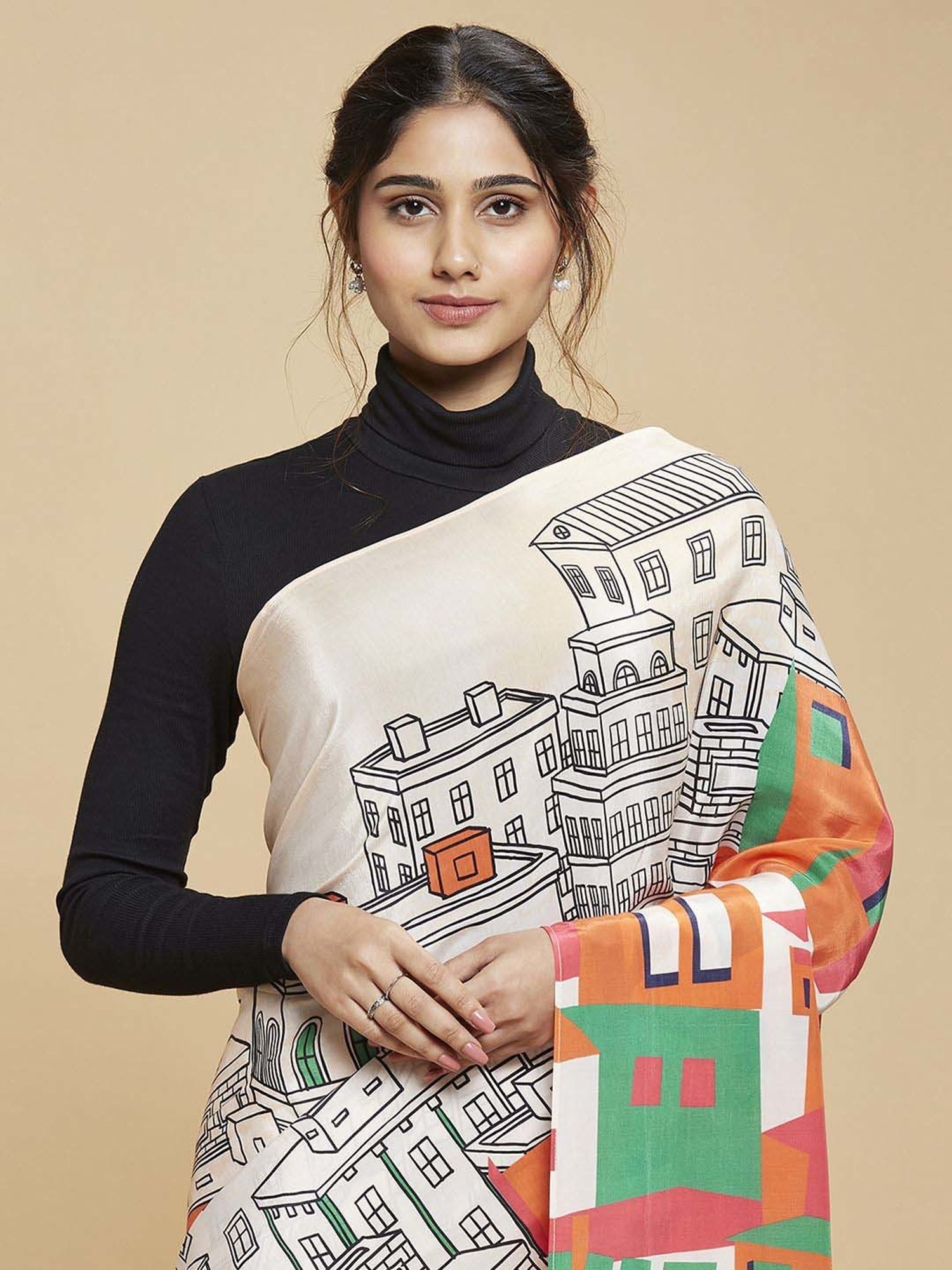 navyasa by liva Peach Printed Saree With Unstitched Blouse