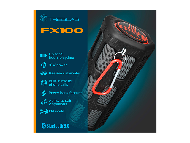 TREBLAB FX100 - Extreme Bluetooth Speaker - Loud, Rugged for Outdoors, Shockproof, Waterproof IPX4, Built-In 7000mAh Power Bank, HD Audio w/ Deep Bass, Portable Wireless Blue Tooth Microphone Mic