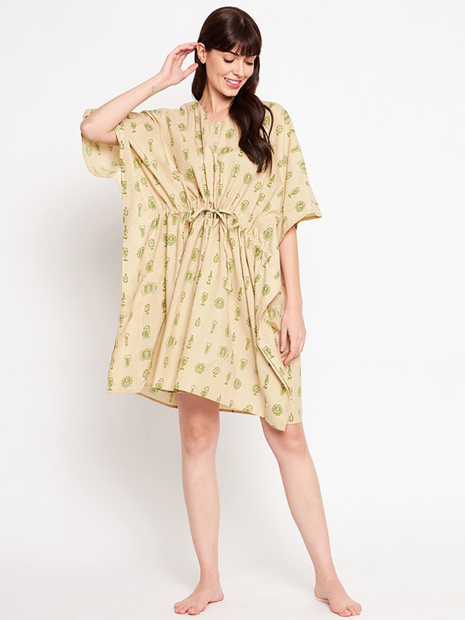 Secrets By ZeroKaata Beige Pure Cotton Printed Short Kaftan Cover Up Dress