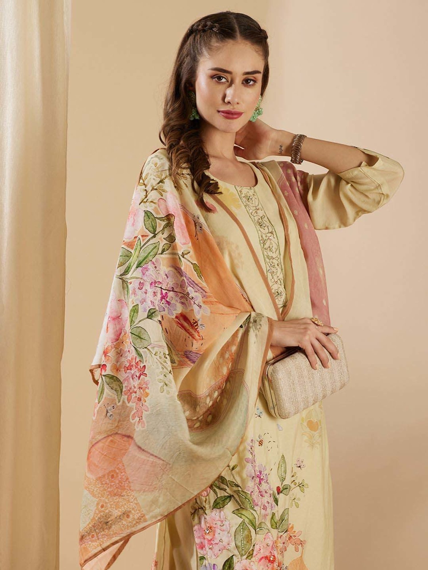 Fashor Cream Embroidered Kurta & Pant Set With Dupatta