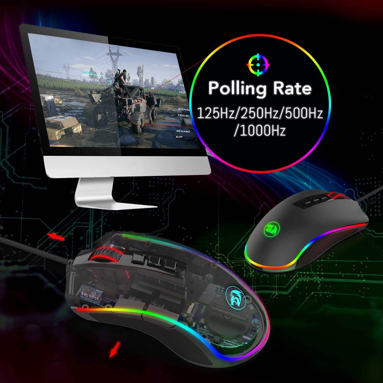 Cobra game mouse, 16.8 million RGB color backlight,10,000 DPI adjustable, comfortable grip,7 programmable buttons